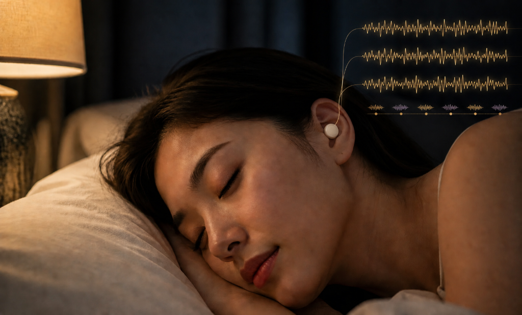 Woman sleeping comfortably while wearing Synavelle Sleepbuds