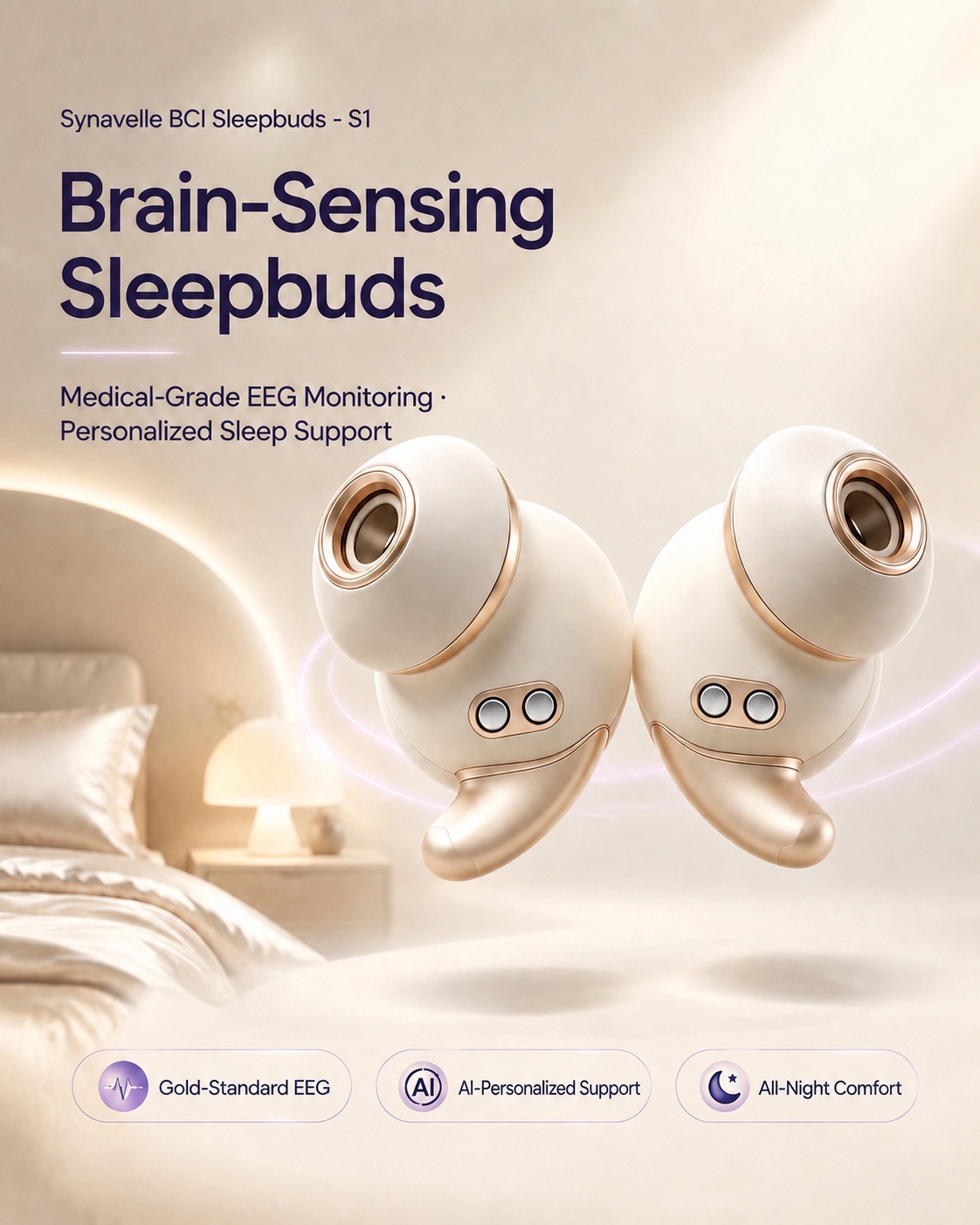 Synavelle brain-sensing sleepbuds in a warm bedside setting