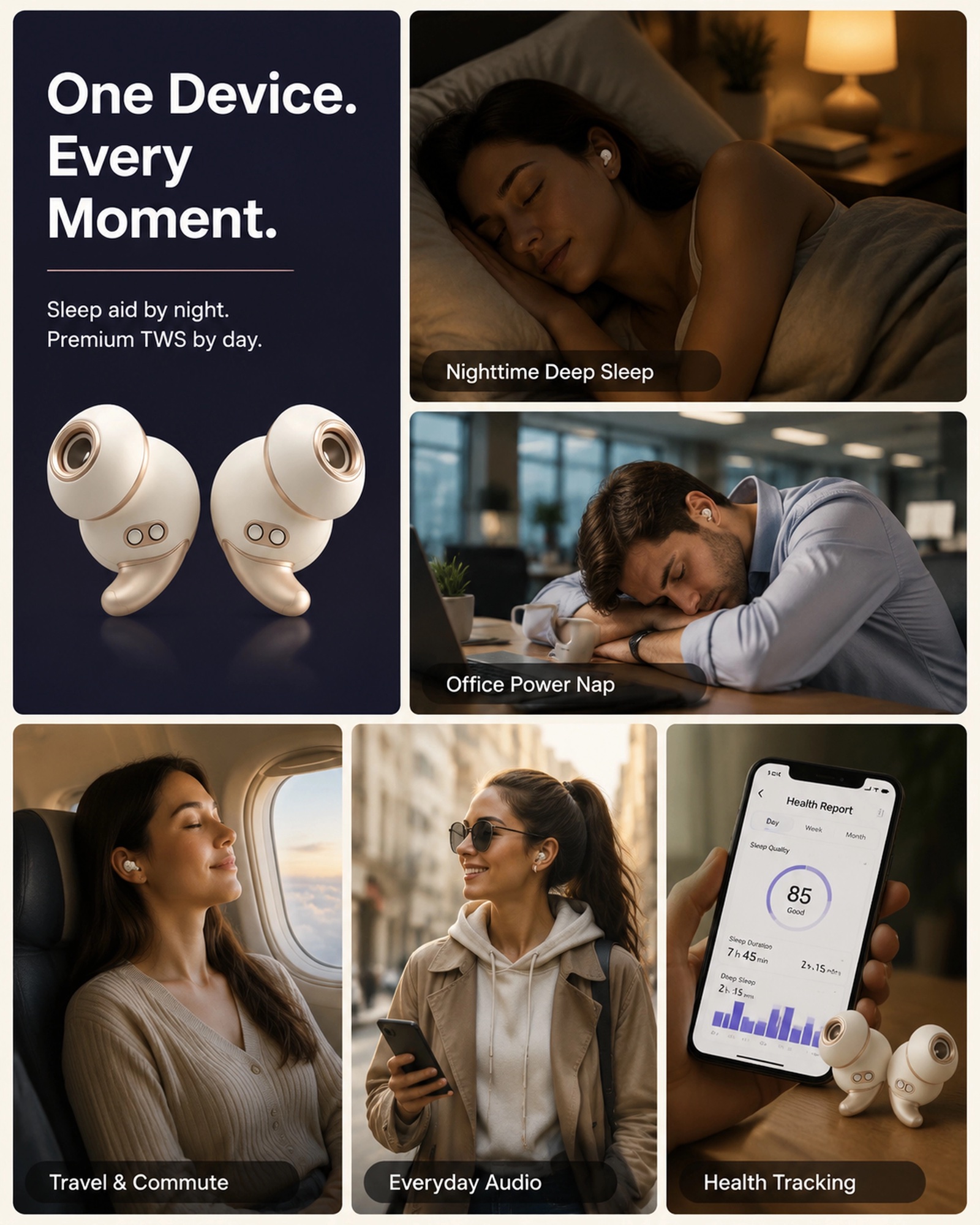 Collage showing Synavelle Sleepbuds used for night sleep, office naps, travel, everyday audio and health tracking